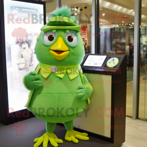 Forest Green Canary mascot costume character dressed with a Evening Gown and Bracelet watches