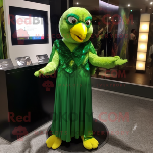 Forest Green Canary mascot costume character dressed with a Evening Gown and Bracelet watches