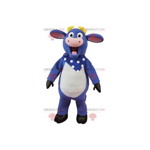 Mascota de vaca morada con su bandana de lunares -