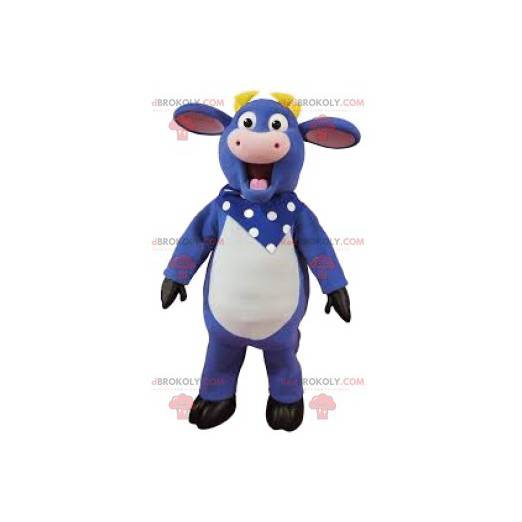 Mascote da vaca roxa com sua bandana de bolinhas -
