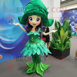 Forest Green Mermaid mascot costume character dressed with a Mini Skirt and Hats