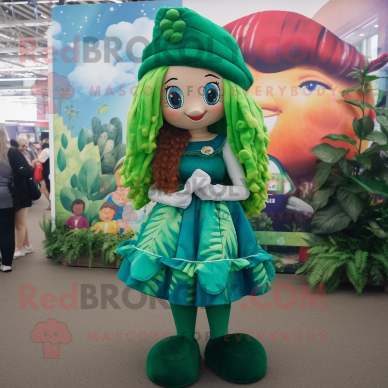Forest Green Mermaid mascot costume character dressed with a Mini Skirt and Hats