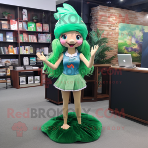 Forest Green Mermaid mascot costume character dressed with a Mini Skirt and Hats