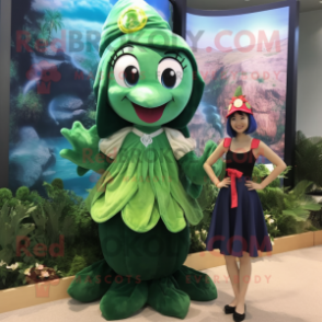 Forest Green Mermaid mascot costume character dressed with a Mini Skirt and Hats