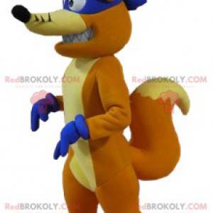 Mascotte de renard roux avec son bandeau et ses gants violet -