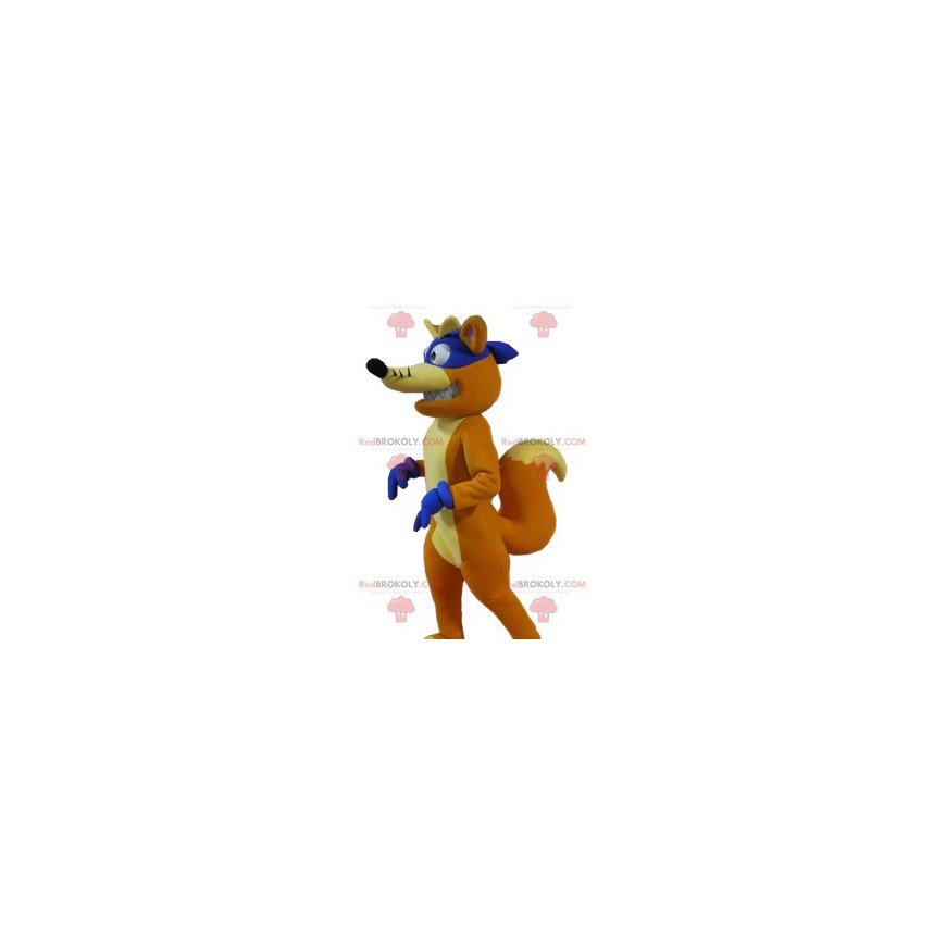 Mascota del zorro rojo con su diadema y guantes morados -