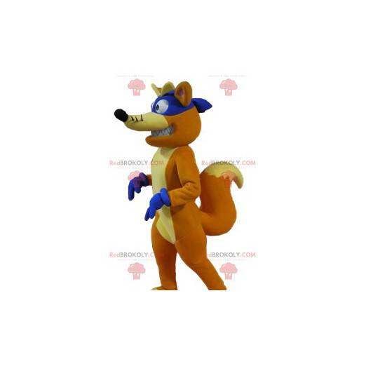 Maskot lišky s čelenkou a fialovými rukavicemi - Redbrokoly.com
