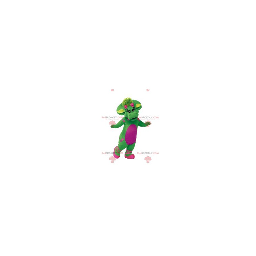 Mascota dinosaurio hembra verde con lunares rosas y su pequeño