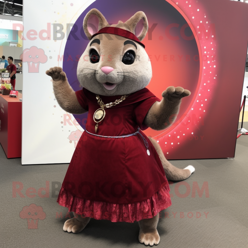 Maroon Chinchilla mascot costume character dressed with a Circle Skirt and Anklets