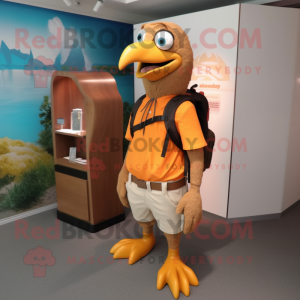 Brown Gull mascot costume character dressed with a V-Neck Tee and Backpacks