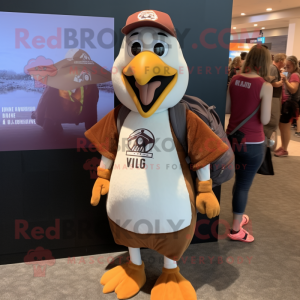 Brown Gull mascot costume character dressed with a V-Neck Tee and Backpacks