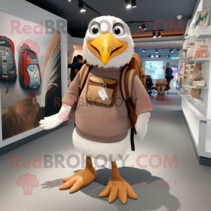 Brown Gull mascot costume character dressed with a V-Neck Tee and Backpacks
