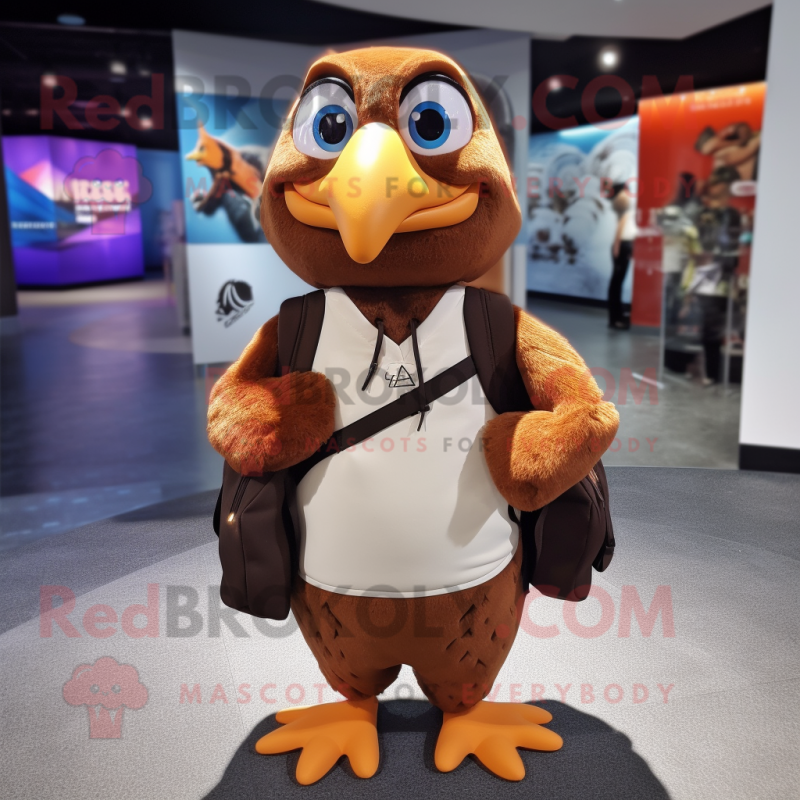 Brown Gull mascot costume character dressed with a V-Neck Tee and Backpacks