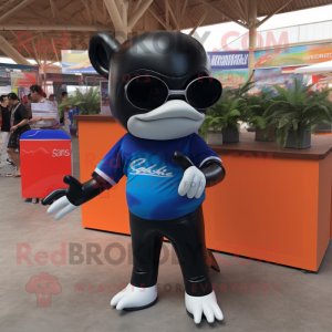 Rust Killer Whale mascot costume character dressed with a Rash Guard and Sunglasses