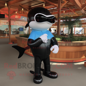 Rust Killer Whale mascot costume character dressed with a Rash Guard and Sunglasses
