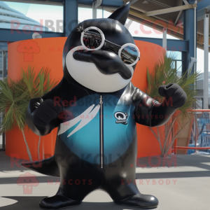 Rust Killer Whale mascot costume character dressed with a Rash Guard and Sunglasses