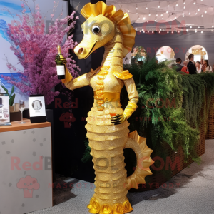 Gold Sea Horse mascot costume character dressed with a Cocktail Dress and Rings