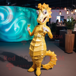 Gold Sea Horse mascot costume character dressed with a Cocktail Dress and Rings