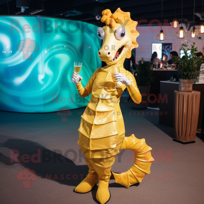 Gold Sea Horse mascot costume character dressed with a Cocktail Dress and Rings Gold Sea Horse mascot costume character dressed with a Cocktail Dress and Rings