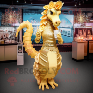 Gold Sea Horse mascot costume character dressed with a Cocktail Dress and Rings