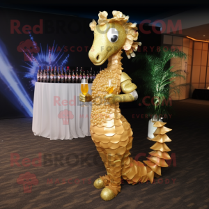 Gold Sea Horse mascot costume character dressed with a Cocktail Dress and Rings