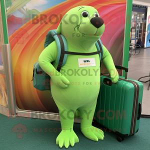 Lime Green Sea Lion mascot costume character dressed with a Cargo Shorts and Briefcases