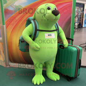 Lime Green Sea Lion mascot costume character dressed with a Cargo Shorts and Briefcases