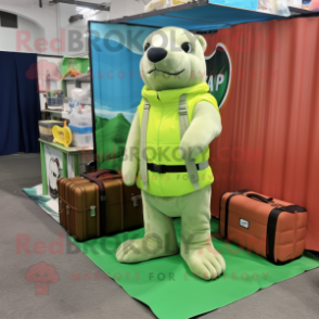 Lime Green Sea Lion mascot costume character dressed with a Cargo Shorts and Briefcases