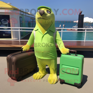 Lime Green Sea Lion mascot costume character dressed with a Cargo Shorts and Briefcases