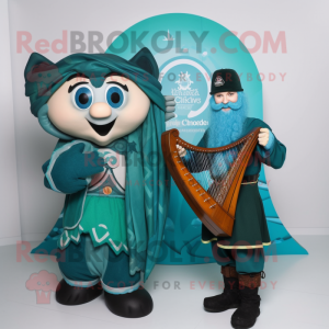 Teal Celtic Harp mascot costume character dressed with a Overalls and Watches