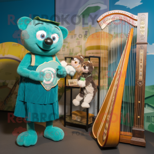 Teal Celtic Harp mascot costume character dressed with a Overalls and Watches