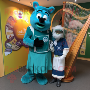 Teal Celtic Harp mascot costume character dressed with a Overalls and Watches