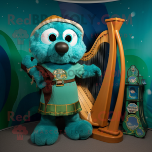 Teal Celtic Harp mascot costume character dressed with a Overalls and Watches