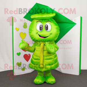 Lime Green Love Letter mascot costume character dressed with a Raincoat and Scarves