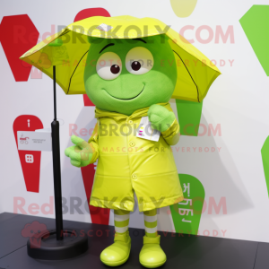 Lime Green Love Letter mascot costume character dressed with a Raincoat and Scarves