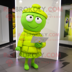 Lime Green Love Letter mascot costume character dressed with a Raincoat and Scarves