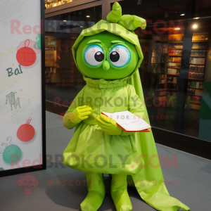 Lime Green Love Letter mascot costume character dressed with a Raincoat and Scarves