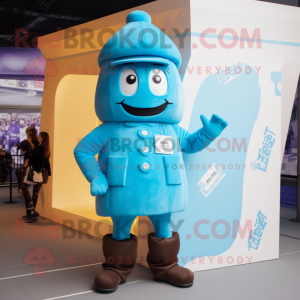 Sky Blue Chocolate Bars mascot costume character dressed with a Jeggings and Berets