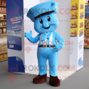 Sky Blue Chocolate Bars mascot costume character dressed with a Jeggings and Berets