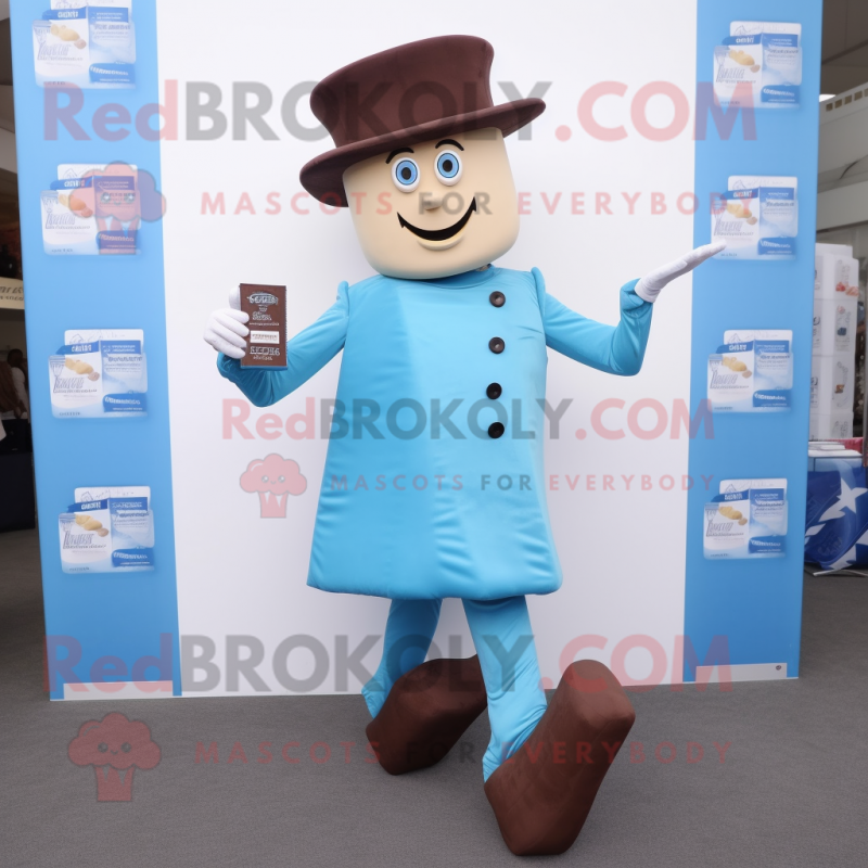 Sky Blue Chocolate Bars mascot costume character dressed with a Jeggings and Berets Sky Blue Chocolate Bars mascot costume character dressed with a Jeggings and Berets