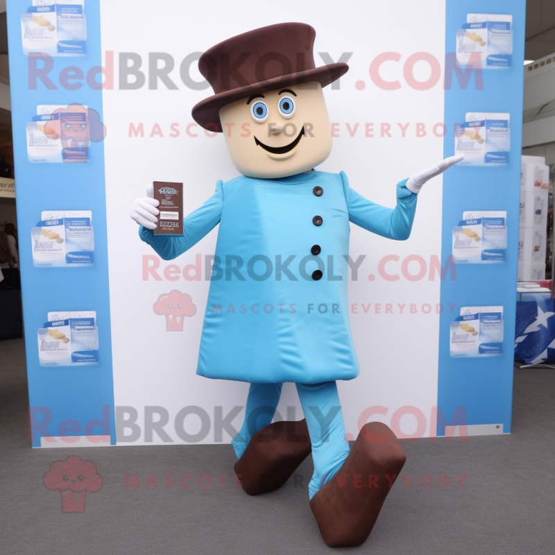 Sky Blue Chocolate Bars mascot costume character dressed with a Jeggings and Berets