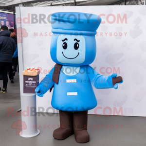Sky Blue Chocolate Bars mascot costume character dressed with a Jeggings and Berets