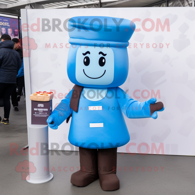 Sky Blue Chocolate Bars mascot costume character dressed with a Jeggings and Berets Sky Blue Chocolate Bars mascot costume character dressed with a Jeggings and Berets