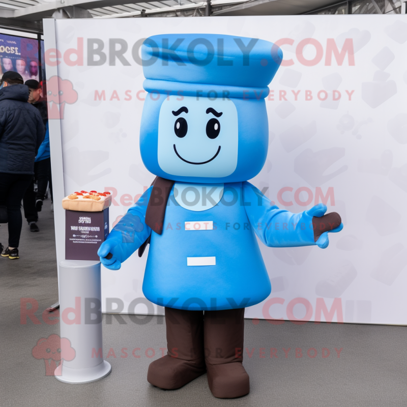 Sky Blue Chocolate Bars mascot costume character dressed with a Jeggings and Berets