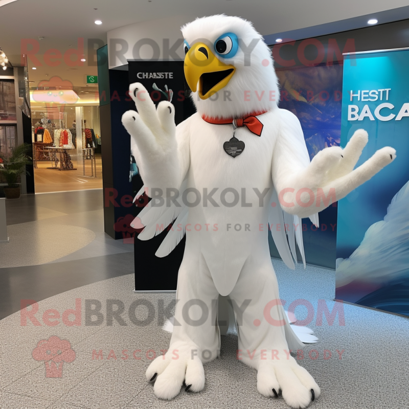 White Haast'S Eagle mascot costume character dressed with a Flare Jeans and Cufflinks