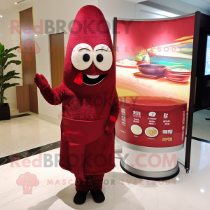 Maroon Fried Rice mascot costume character dressed with a Wrap Dress and Pocket squares