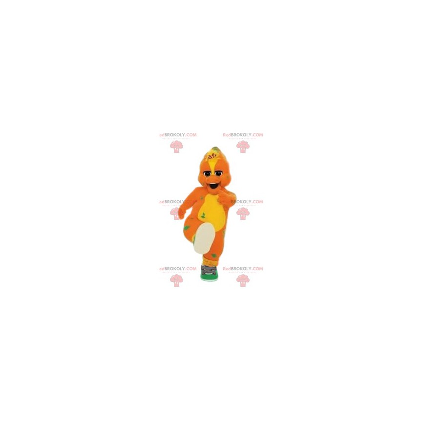 Mascot pato naranja y amarillo y su par de baloncesto verde -