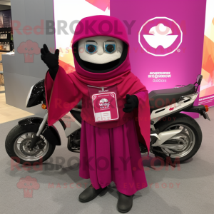 Magenta Tacos mascot costume character dressed with a Moto Jacket and Shawl pins