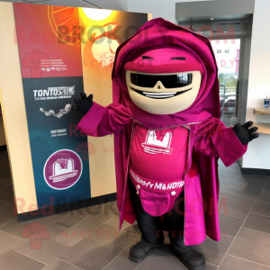 Magenta Tacos mascot costume character dressed with a Moto Jacket and Shawl pins