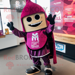Magenta Tacos mascot costume character dressed with a Moto Jacket and Shawl pins